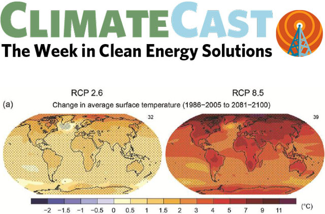 ClimateCast logo over IPCC report temperature maps