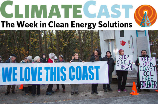 ClimateCast Logo over Burnaby Mountain protestors