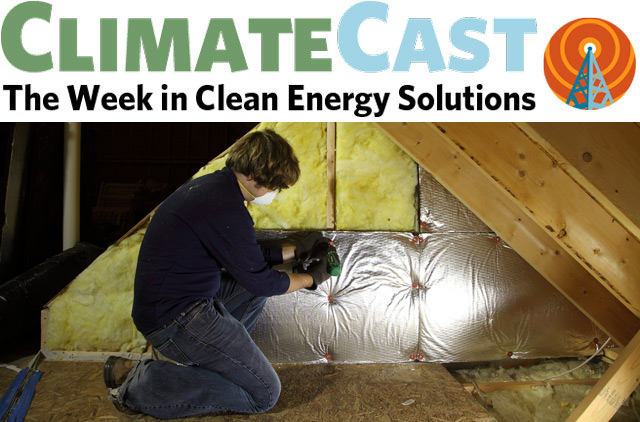 ClimateCast Logo over trainee insulating attic