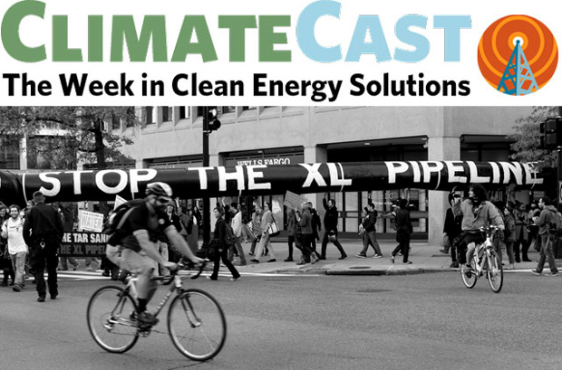 ClimateCast logo over KXL protest