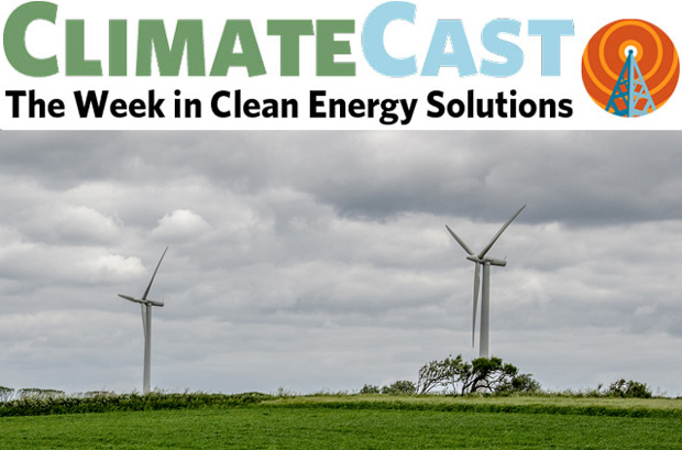ClimateCast Logo over wind turbines in Samso, Denmark