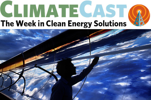ClimateCast logo over parabolic trough collector