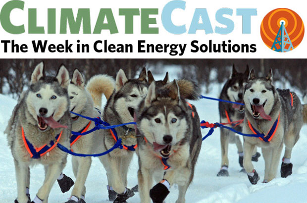 ClimateCast Logo over huskies in harness