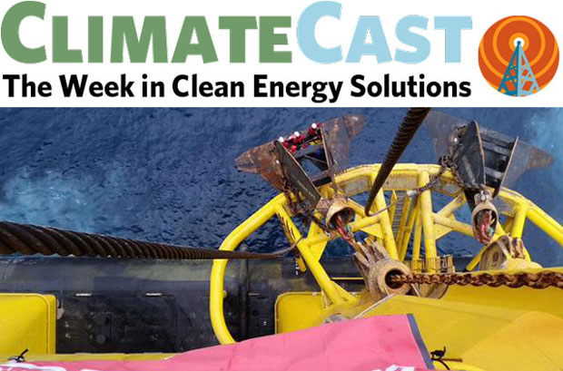 ClimateCast logo over drilling rig climbed by Greenpeace