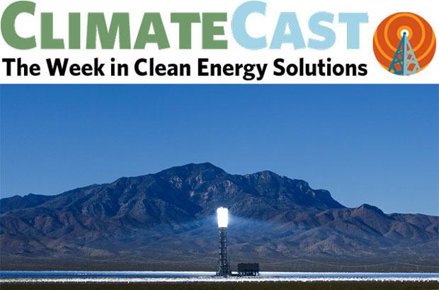 ClimateCast logo over Ivanpah power station