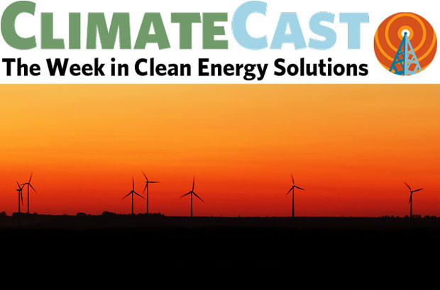 ClimateCast logo over windmills silhouetted at dusk