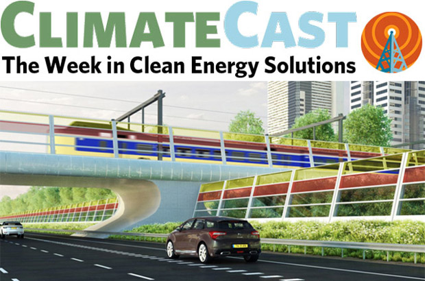 ClimateCast logo over luminescent solar collectors