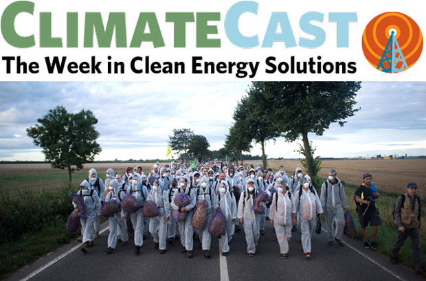 ClimateCast logo over German coal protestors
