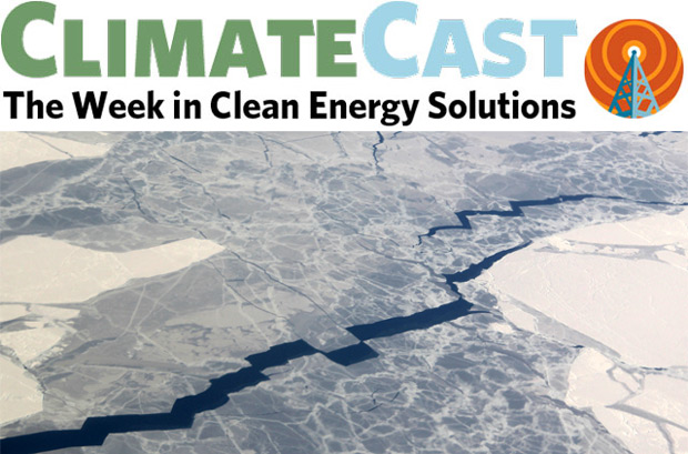 ClimateCast logo over sea ice off Ross Island, Antarctica