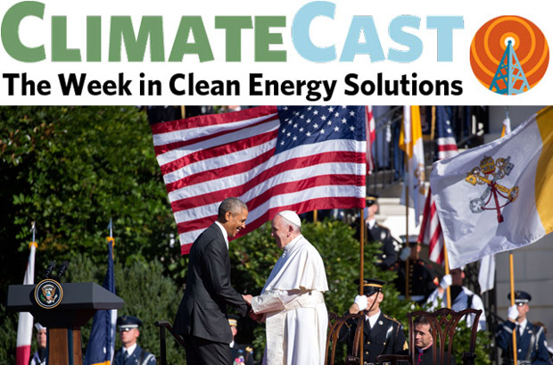 ClimateCast logo over meeting of Pope Francis and Pres. Obama