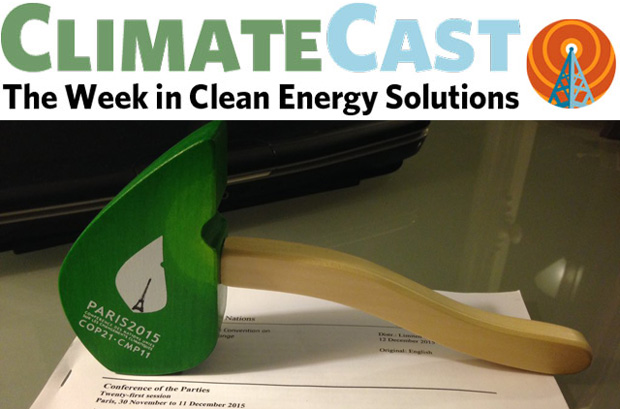 COP21 gavel (replica) over ClimateCast logo