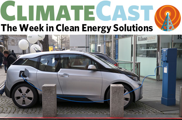 ClimateCast logo above charging EV