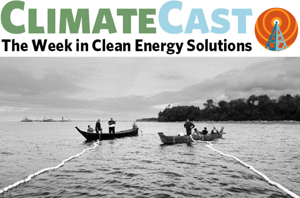 ClimateCast logo above Lummi canoes, fishing