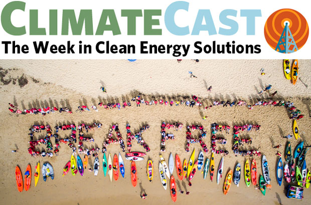 ClimateCast logo above Break Free protestors on beach