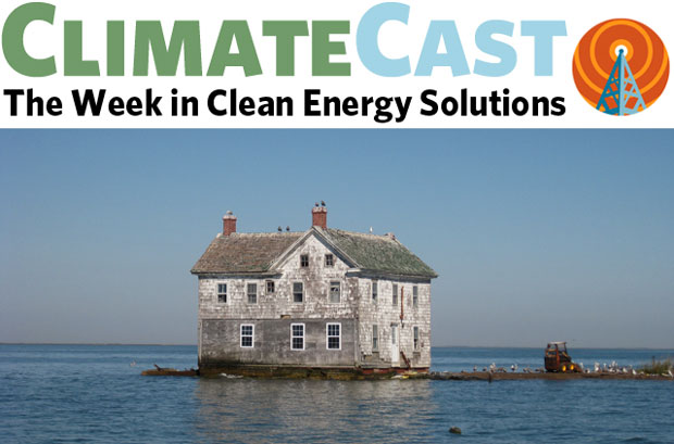 ClimateCast logo over image of house on eroding island