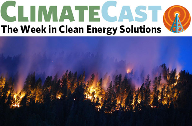 ClimateCast logo above twilight view of California wildfire