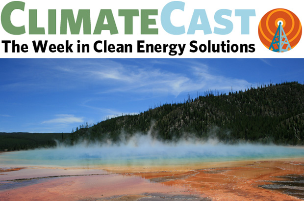 ClimateCast logo over Geyser Basin, Yellowstone National Park