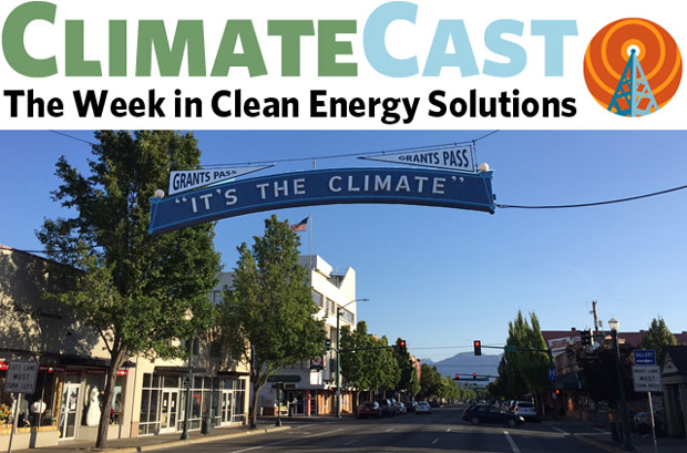 ClimateCast logo over "It's the Climate" sign in Grants Pass, OR