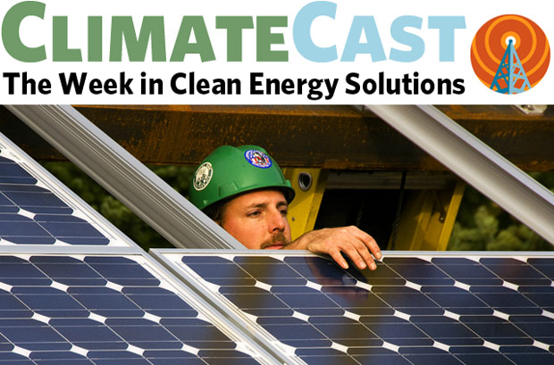 ClimateCast logo over solar PV installer
